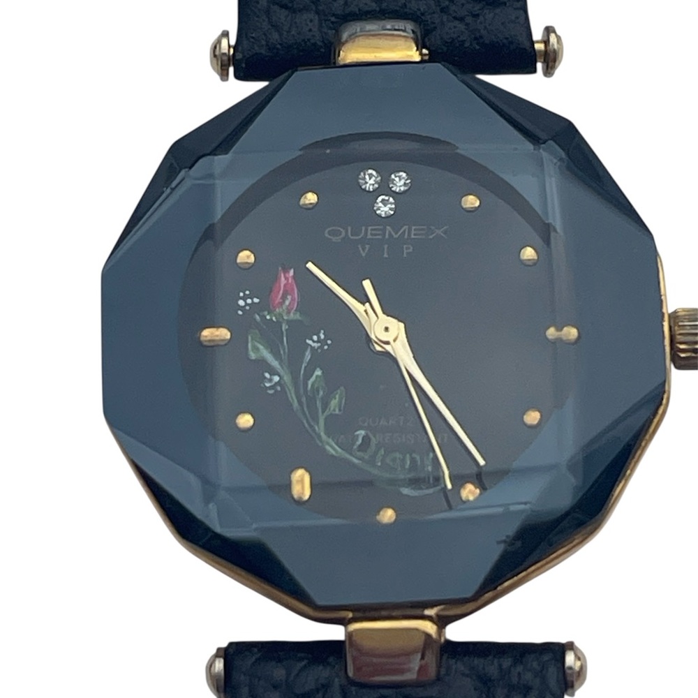 Vintage Quemex Wind Up Ladies Watch 18K Gold Plated Hand Painted Floral Japan